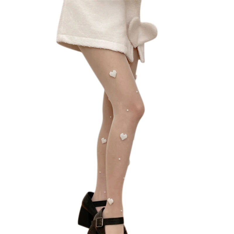 College Wind Tights Pantyhose High Waist Stockings with Love Pearl Thin Leggings 37JB