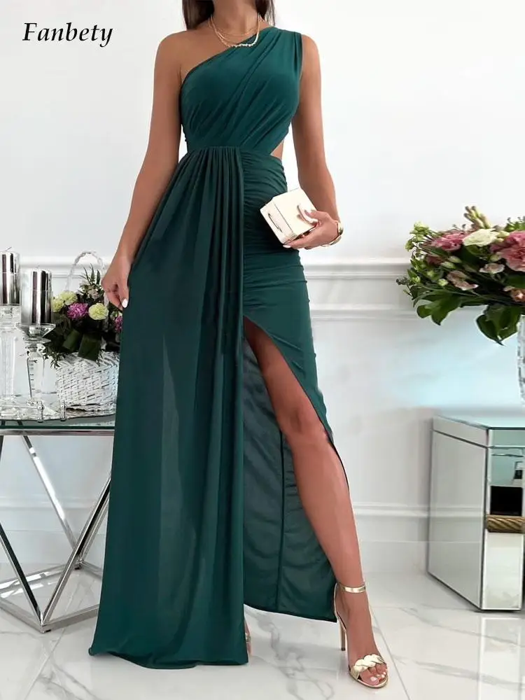 

Женское платье макси на одно плечо с высоким разрезом, соблазнительное длинное ажурное платье с косым воротником, летнее вечернее драпиров...