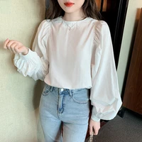 women blouse french minimalist solid white chic simple round neck loose casual puff long sleeve ladies shirt top women 2022