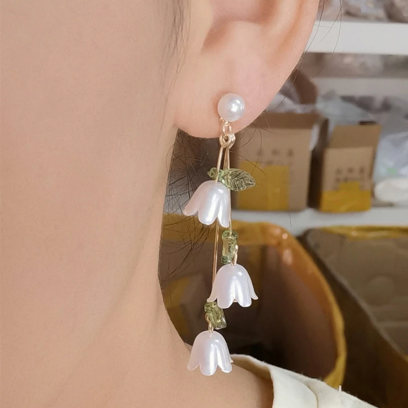 

Spring Flowers Cute Bell Ear Hook Dangle Lily of the Valley Nature Inspired Realistic Stud Earrings Tulip Green For Women