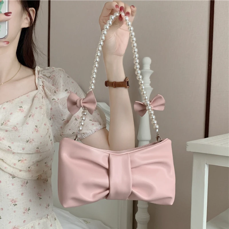 

Женская сумочка с жемчужной цепочкой и бантом, маленькие женские сумки на плечо из мягкой искусственной кожи, дамские сумки-мессенджеры