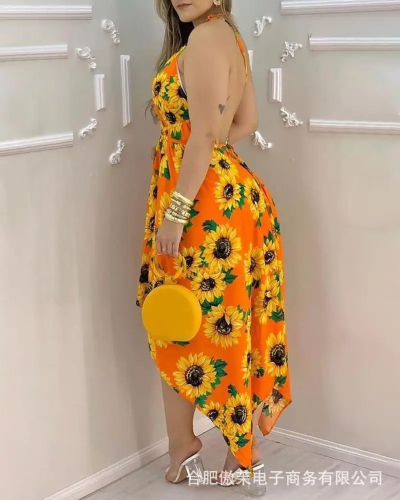

Women's Orange Sunflower Strappy Dress Ladies Casual Commuting Office Party Elegant and Sexy Dresses Female 2022 Summer New