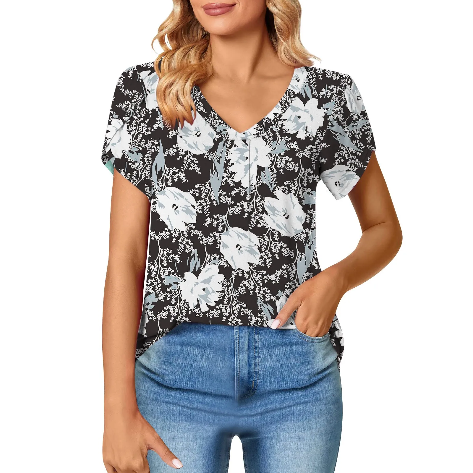 

Женские топы с рукавами-лепестками, с v-образным вырезом, с коротким рукавом, милые летние повседневные футболки, женские хлопковые футболки...