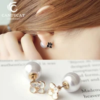trendy korea new stud earrings for women exquisite pearl ear nail simple black white flower studs fashion jewelry gift wholesale