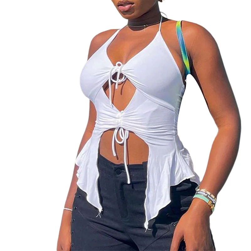 

Summer Women Sexy Hollow Out Vest Casual Solid Color Halter Neck Irregular Hem Crop Tops Black White Y2k Clothes