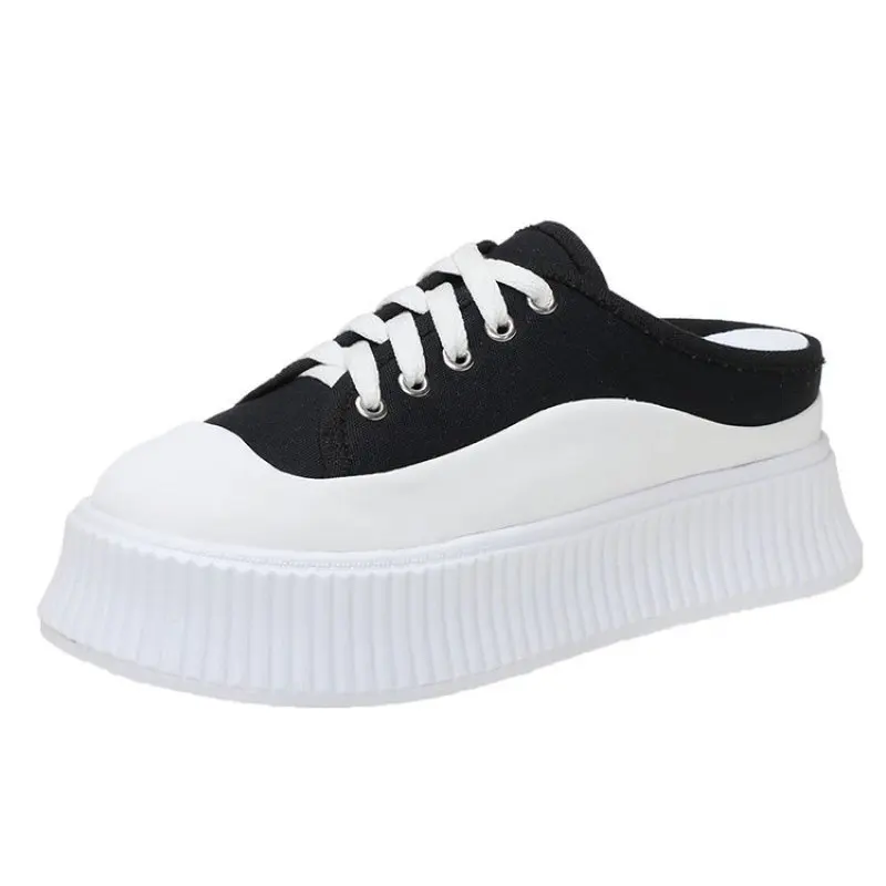 

Muffin Shoes Female Summer 2022 New Leisure Canvas Inner Heightening Thick Bottomed Lazy Baotou Half Slipper Female Flat Shoes