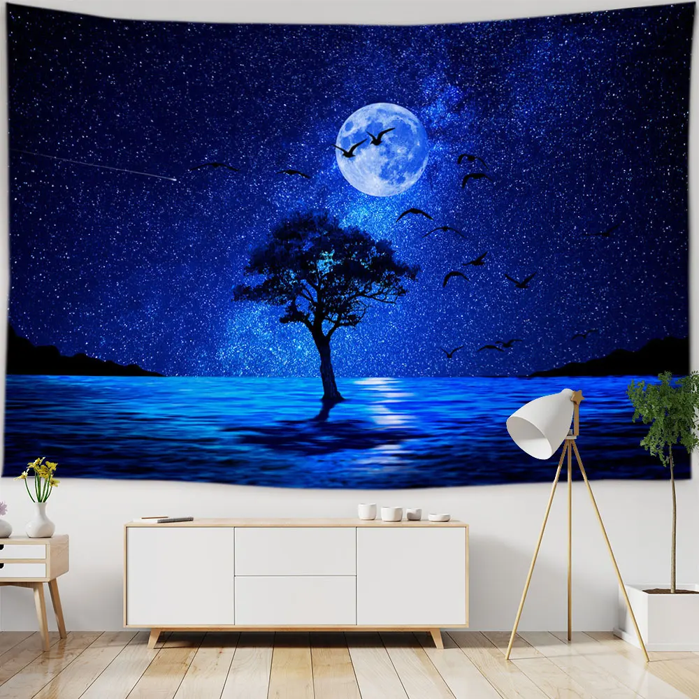 

Moon Large Landscape Home Decor Hippie Wall Hanging Psychedelic Nature Forest Home Bedroom Starry Sky Background Cloth Ceiling