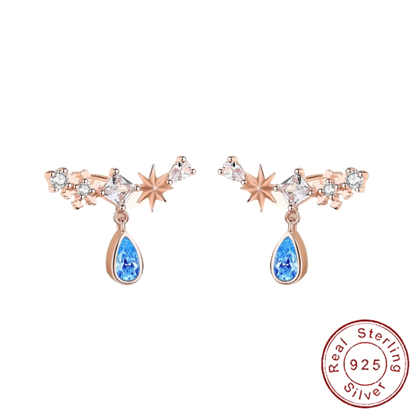 

European Real Summer Dream S925 Sterling Silver Stud Earrings Blue Water Drops For Women Birthday Party Gift Jewelry+BOX