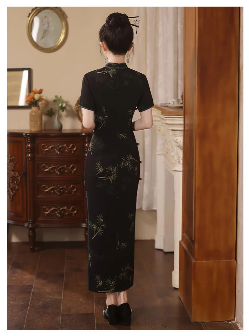 Новинка Ципао в китайском стиле женское черное летнее бамбуковое платье тонкое