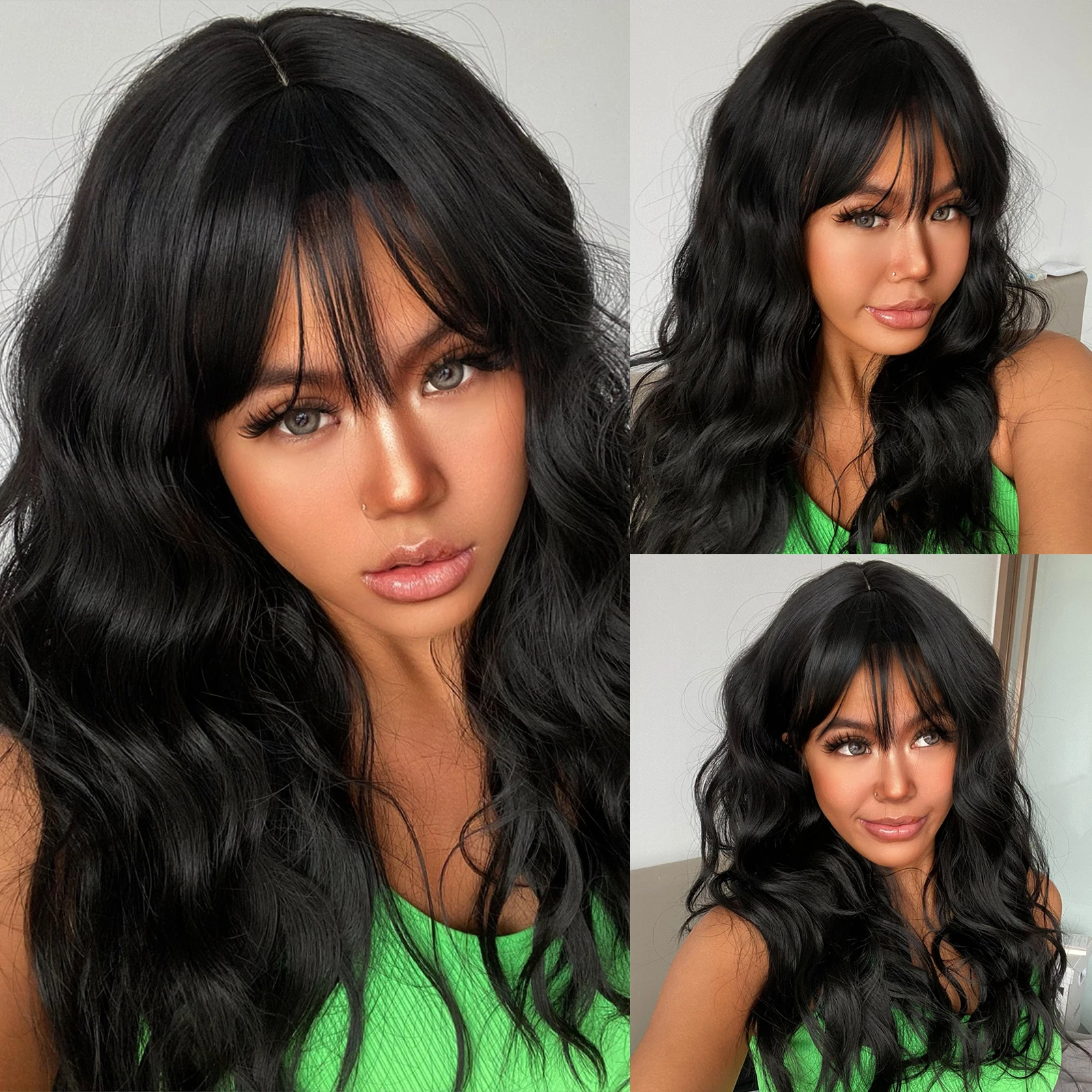 EASIHAIR Black Synthetic Wig with Bangs Long Black Water Wavy Wigs for Women Natural Hair Heat Resistant Girls Daily Party Use