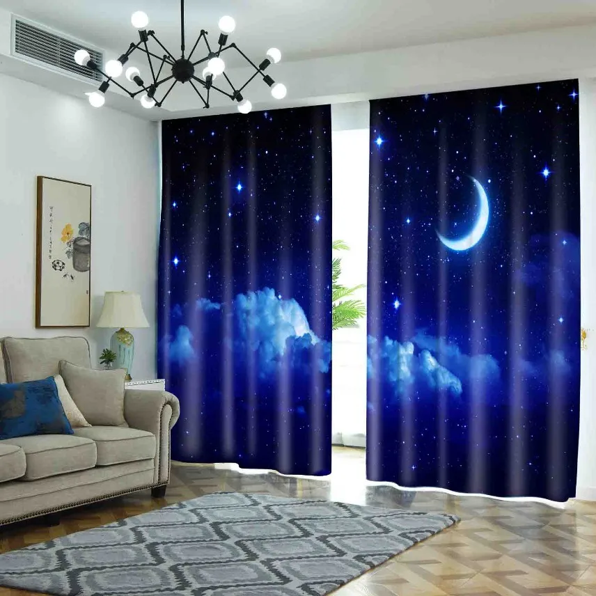 

Night Moon Curtains for Living Room Starry Sky Blackout Window Door Curtain for Bedroom Boho Decor Left and Right Biparting Open