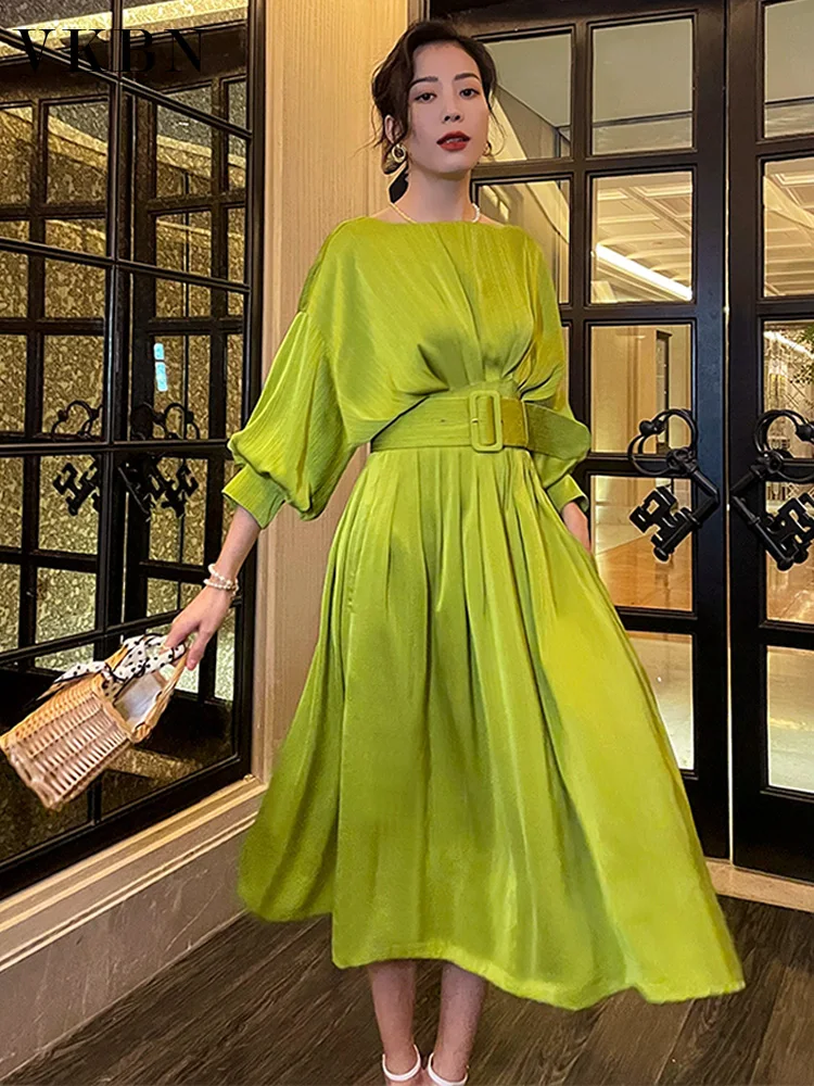 VKBN Dresses for Women Party Sashes  Batwing Sleeve Slash Neck Green Pleated Fabric Dress Elegant Vestidos De Fiesta