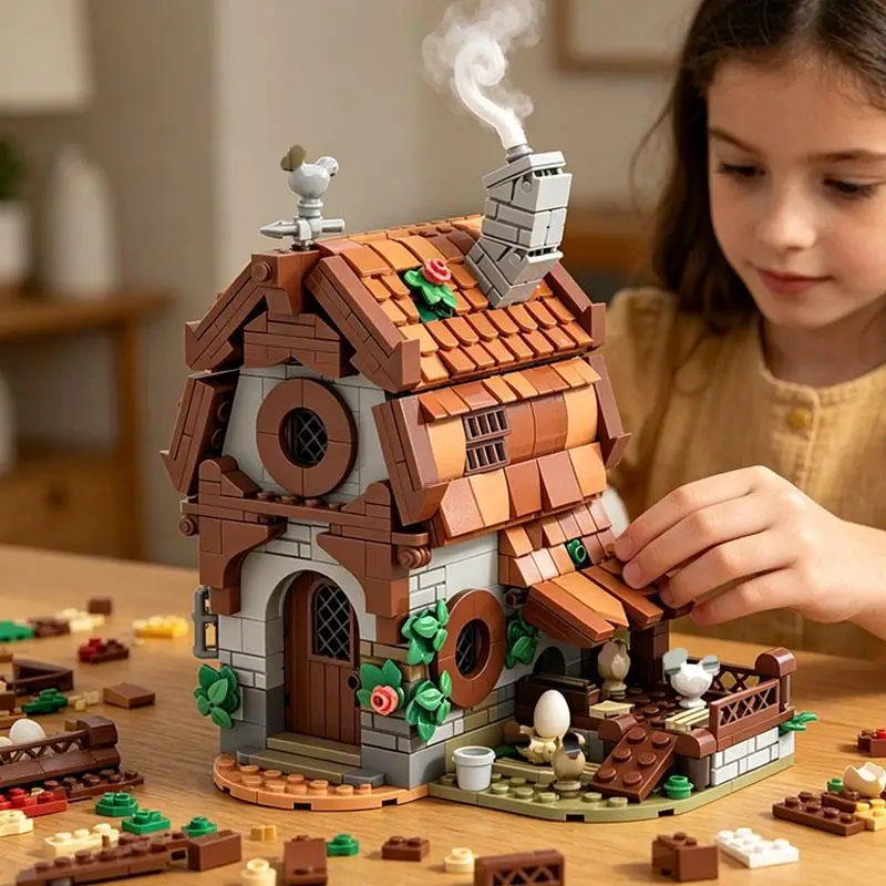 Фото Средневековый фермерский курятник MOC, деревенский домик, конструктор из мелких деталей, модель, игрушка, украшение, подарок, 518 деталей №4