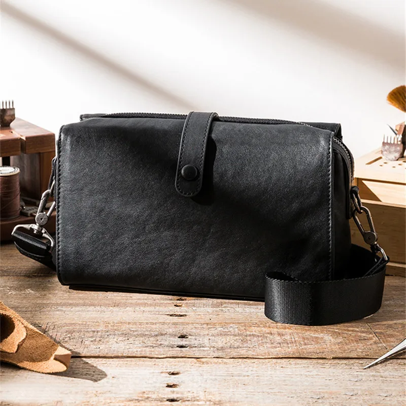 Business casual designer luxury genuine leather men's messenger bag simple real cowhide youth work black large shoulder bag