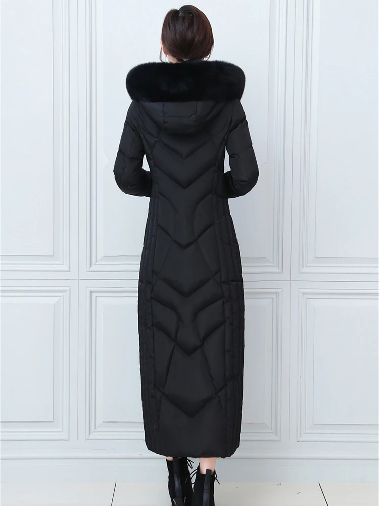 New Women Lengthened Down Coat Winter Fashion Detachable Real Fox Fur Collar Thicken Warm Long Slim Down Jacket Female Overcoat