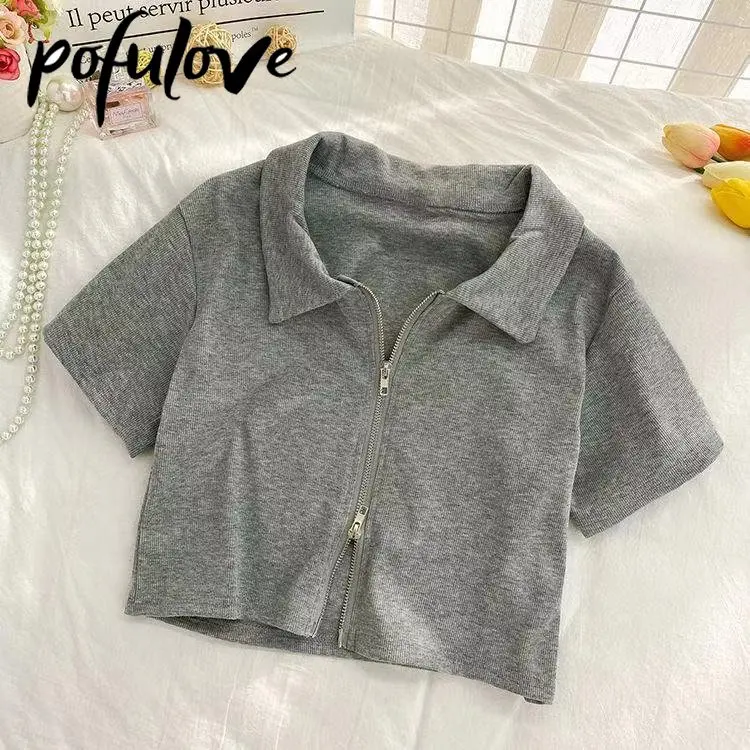 

Short T-shirt for Women Polo Collar Shirt Casual Solid Top Short Sleeve Slim Zipper Harajuku T-shirt Shirt Design Sense Clothes