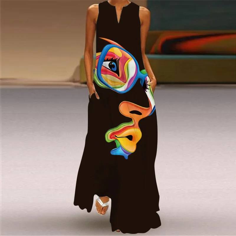 

2023 New Dress Women's Elegant V-neck Sleeveless 3D Face Print Daily Casual Loose and Comfortable Bohemian Sexy Fashion Long Dre