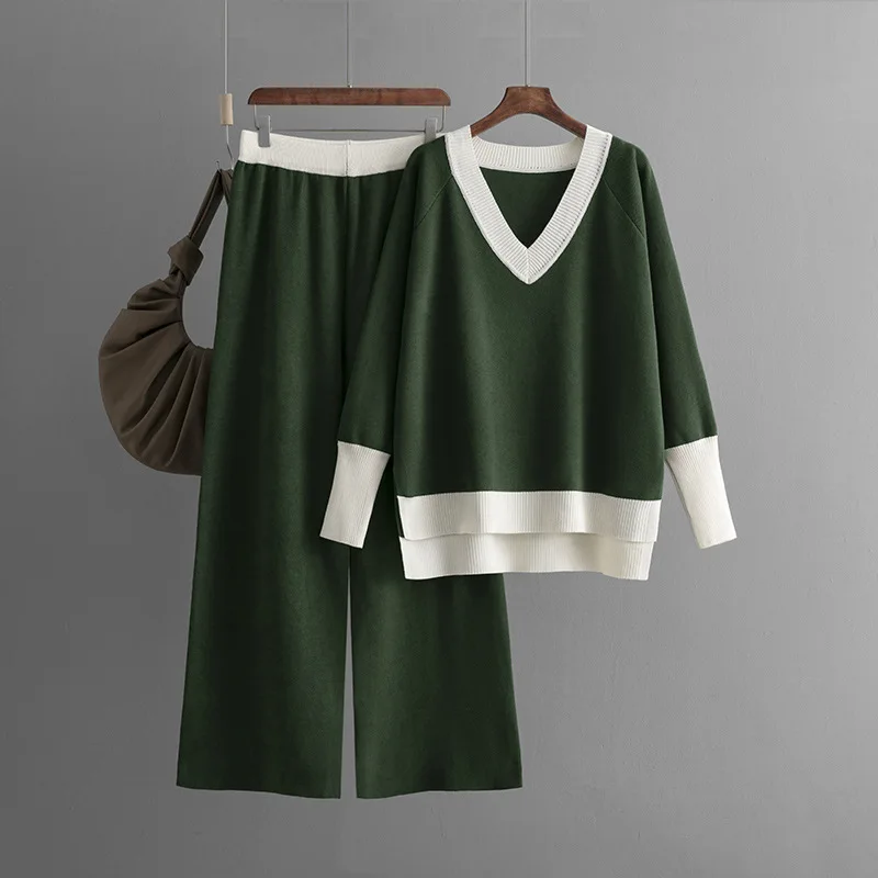 Шикарный Свободный вязаный комплект из 2 предметов женская трикотажная одежда с