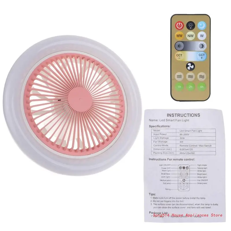 

2-in-1 Fan Lamp E27 LED Light with B22 to E27 Converter 30W 3-color Light Adjustable Ceiling Fan for Home Bedroom 95AC