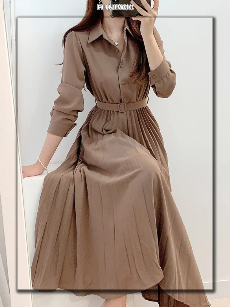

Женское длинное платье-рубашка, повседневное однотонное платье-рубашка с поясом, в японском стиле, в Корейском стиле, базовая одежда в винта...