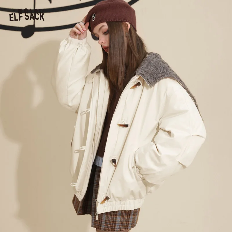 ELFSACK White Warm Down Coats Women 2022 Winter Loose Short Casual Coats