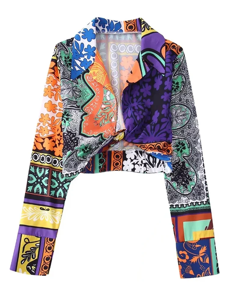 

Fashion Women Printed Cropped Blouse 2022 Summer New Long Sleeve V-neck Invisible Side Zip Tops For Holiday Streetwear