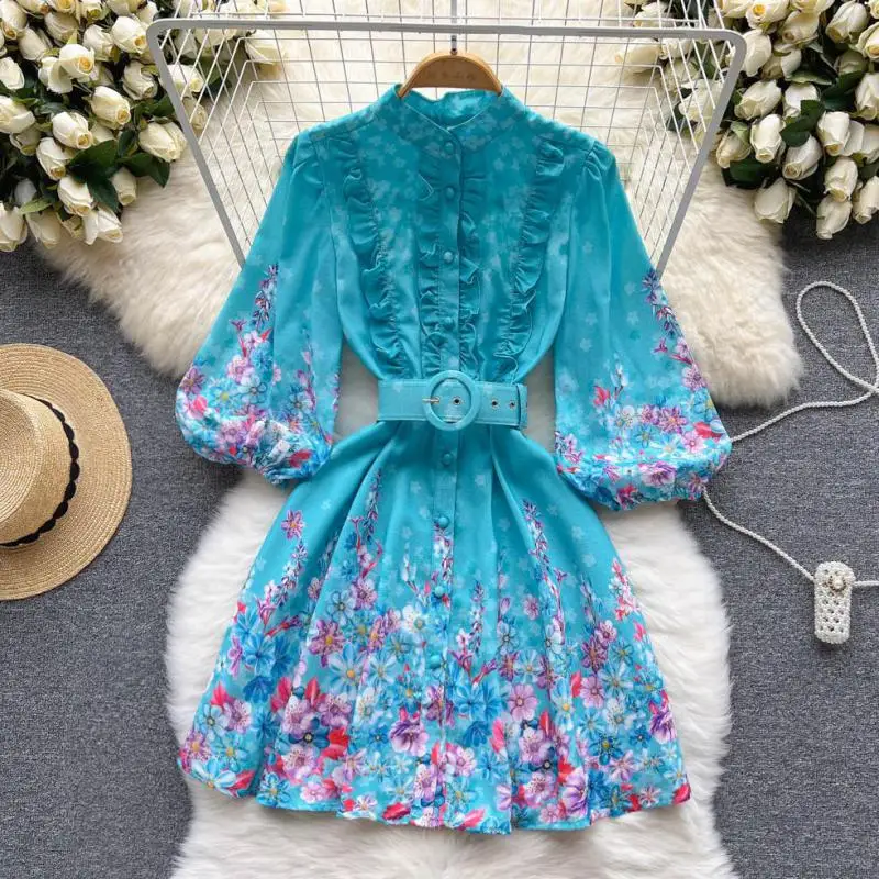 

WEIHAOBANG 2022 Summer Women's New Printed Stand Collar Long Sleeve Belt High Waist Casual Dress Slim Fit Short A-line Skirt