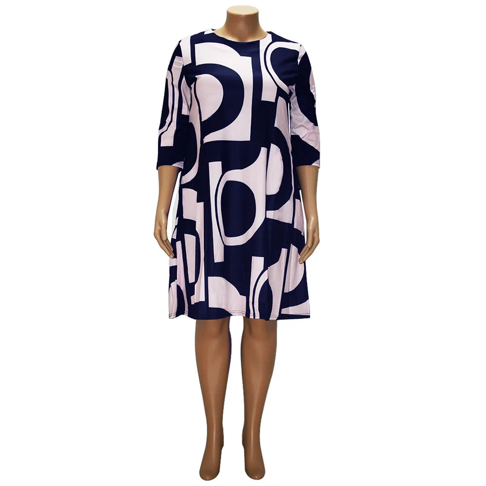 Plus Size Women's Dress New Fashion Autumn Winter Printing Round Neck Medium Sleeve Large Swing Dress Loose Female Clothes