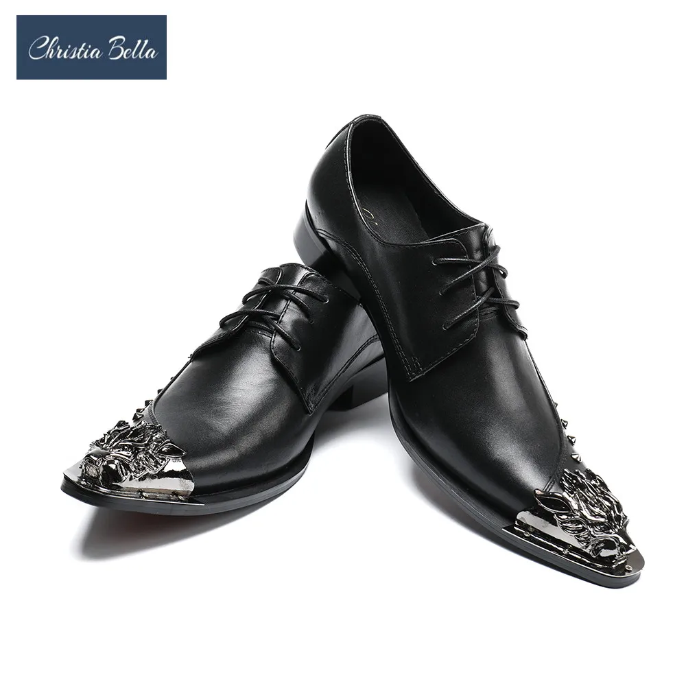 

Christia Bella Fashion Lace-up Men Business Shoes Metal Pointed Toe Rivet Men Black Genuine Leather Shoes Party Men Oxford Shoes