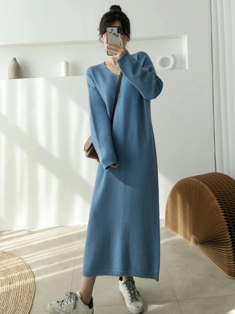 

Женское платье-свитер осень-зима Корейская версия с V-образным вырезом свободный стиль повседневное вязаное платье-свитер средней длины женская одежда