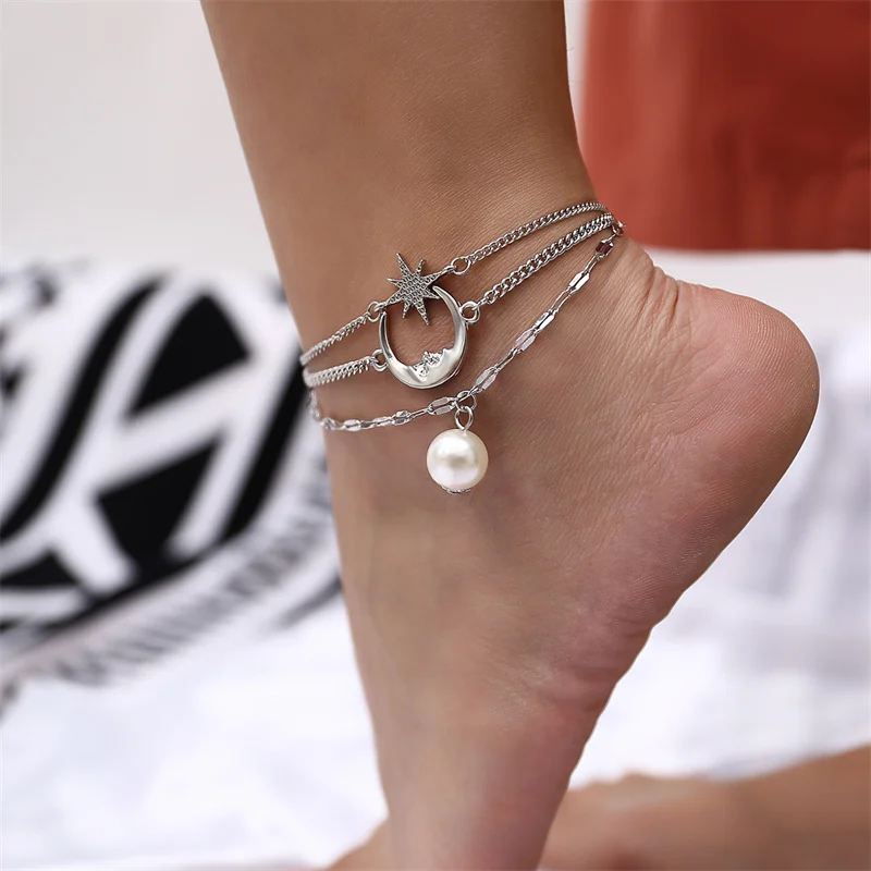 

YW GAIRU Simple Bohemian Moon Star Temperament Pearl Anklet Popular Element Geometric Foot Ornaments Multilayer Female Jewelry