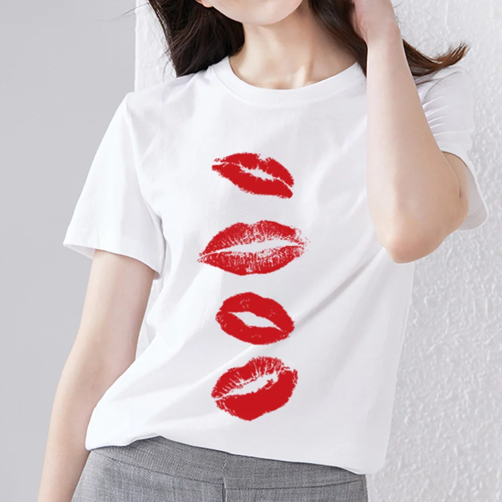 

Trendy T-shirt Women's O-neck Sexy Retro Red Lips Print Series Ladies Commuter Casual Slim Comfortable Top White Short Sleeve