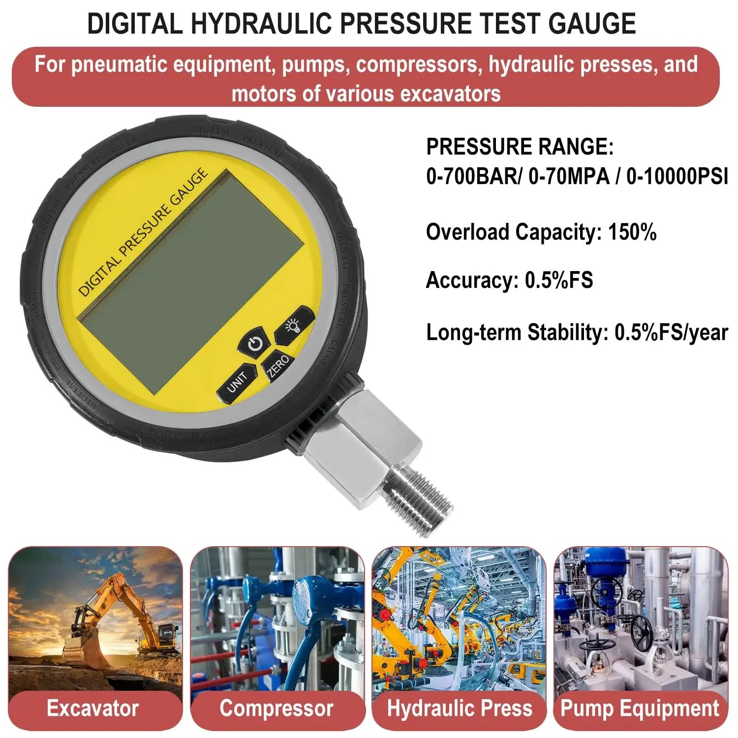 Цифровой гидравлический манометр 10000 фунт/кв. Дюйм/1/4 бар соединитель NPT тестер