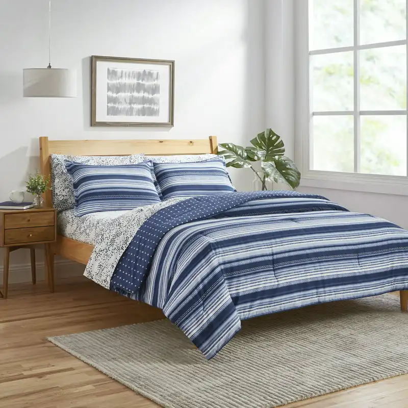 

Patchwork Stripe Reversible Organic Cotton Blend Comforter Set, , Blue, 3-Pieces