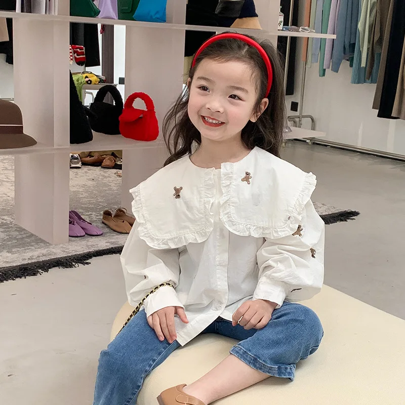 

Korean Toddlers Deer Baby 2022 Jonmi Style Cartoon Ruffles Tops Kids Shirts New Collar Girls Embroidery Blouses Spring