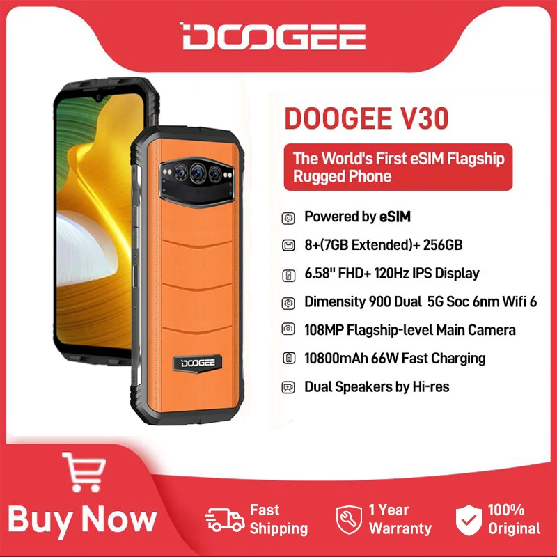 Смартфон DOOGEE V30 eSIM, двойная модель, прочный телефон, экран 6,58 дюйма FHD 120 Гц, Диммируемый дисплей 900 дюйма, 6 нм, двойные динамики 8 + 256 ГБ, камера ...