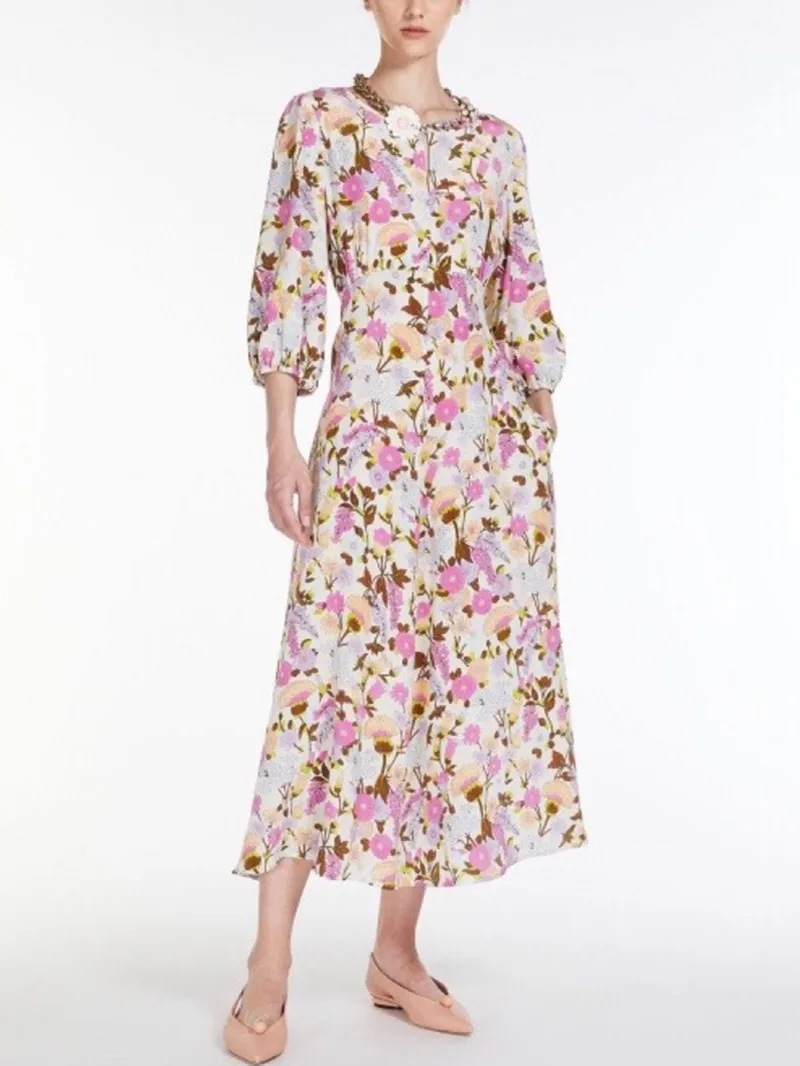 Women's Spring Summer Silk Robes Floral Printing Round Neck Lantern Sleeve 2023 New Ladies Fashion Mid-Calf Dress