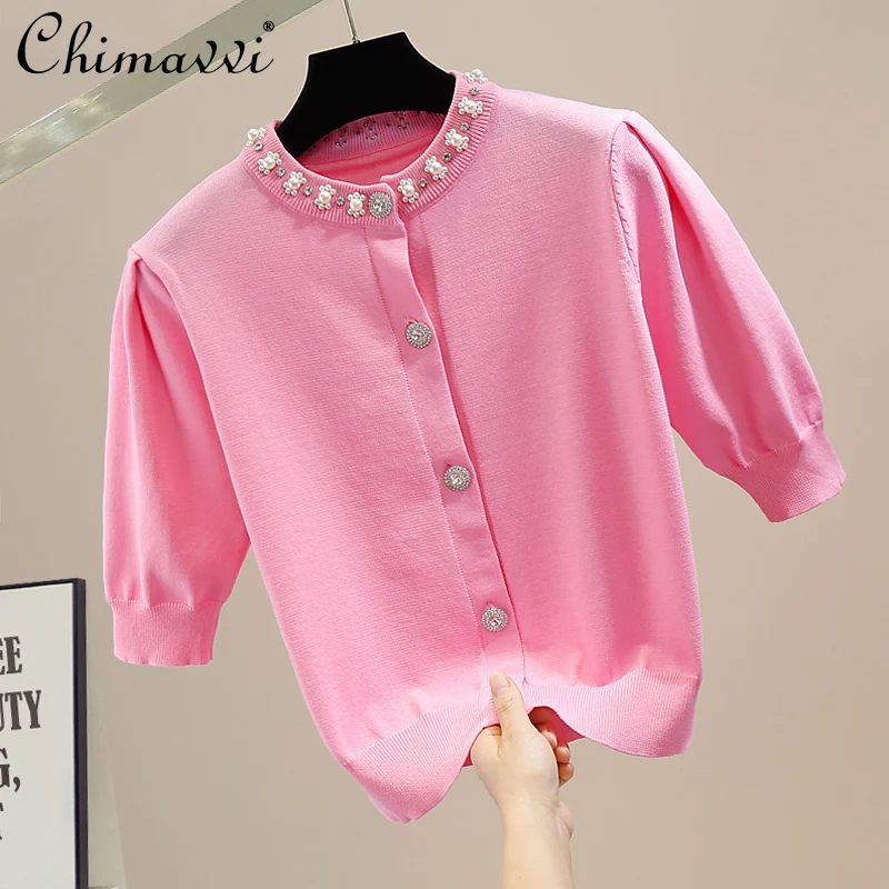 

Beads Diamond-Embedded Vintage Puff Sleeve Round Neck Knitted T-shirt Women's 2022 Summer New Fashion Elegant Sweet Knitting Top
