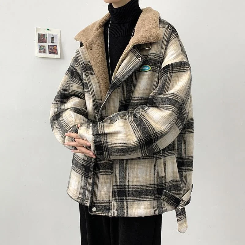 

New Lambs Wool Grid Jacket Lapel Zipper Korea Trend Clothing Male Winter Coat Thicken Casual Loose Fashion Men Heated Outerwerar