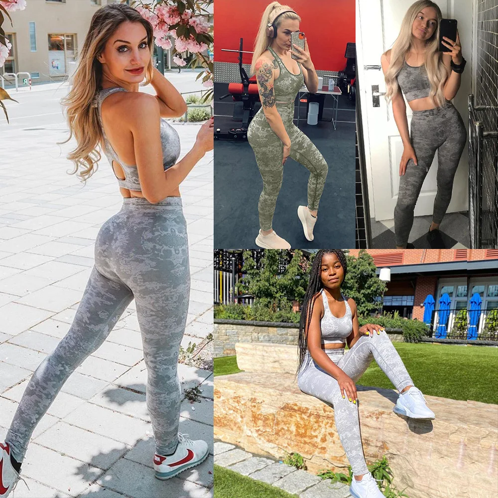 

OEING New 2022 Shark Knitted Seamless Bra Vest Short-sleeved PantsCamouflage Seamless Fitness New Yoga Gym Sport Quick-drying