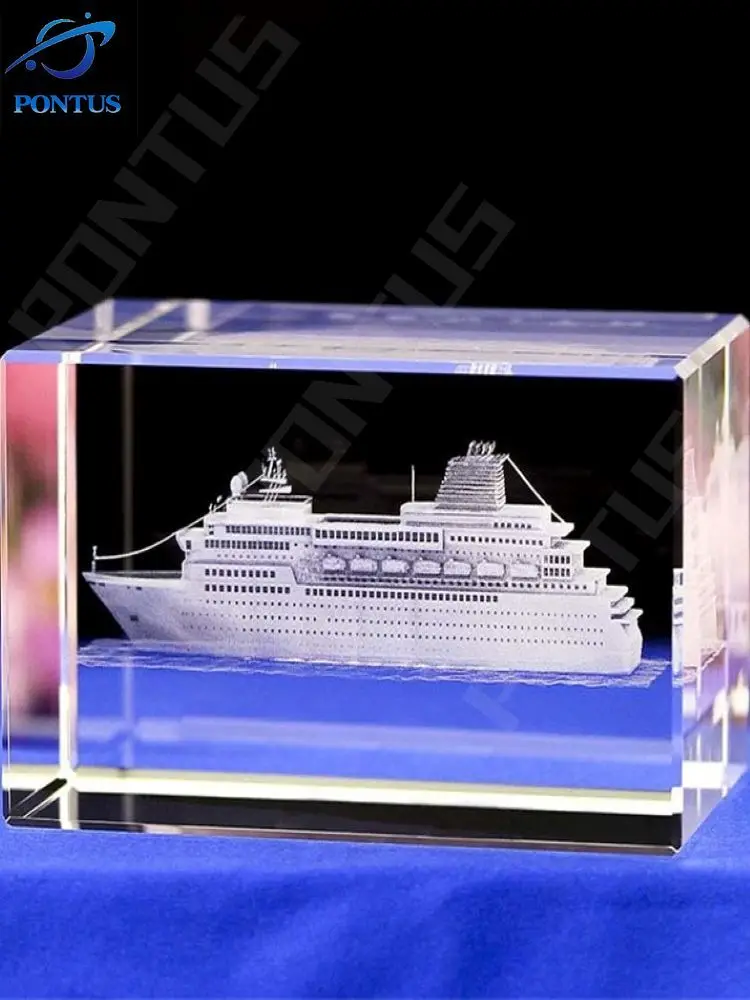 

3D Crystal Ship Model Sculpture Rectangle Laser Engraved Craft Carved White Boat Model Luxury Cruise Ship Craft Car Ornament