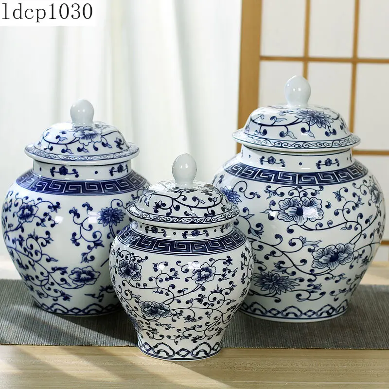 

Ceramic Blue and White Porcelain Antique General Jar with Lid Storage Tea Cans Chinese Home Decoration Ornaments Candy Jars