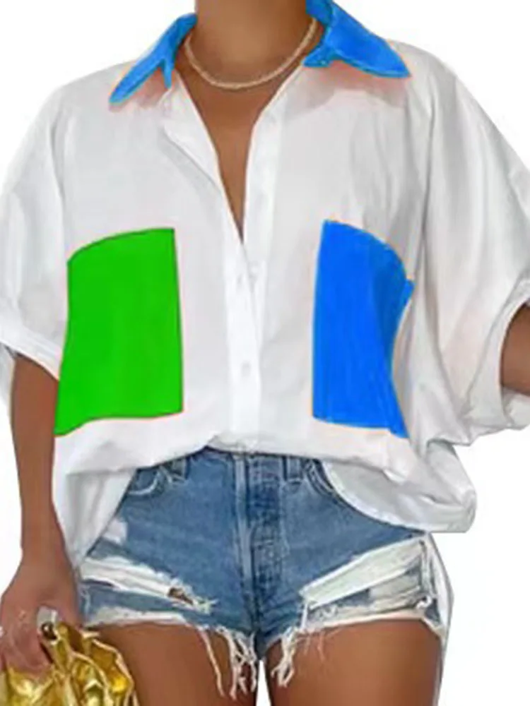 

Szkzk Color Block Blouses Women Clubwear Cardigan Loose Shirts With Pockets Party Evening Sexy Night Club Baggy Tops And Blouses