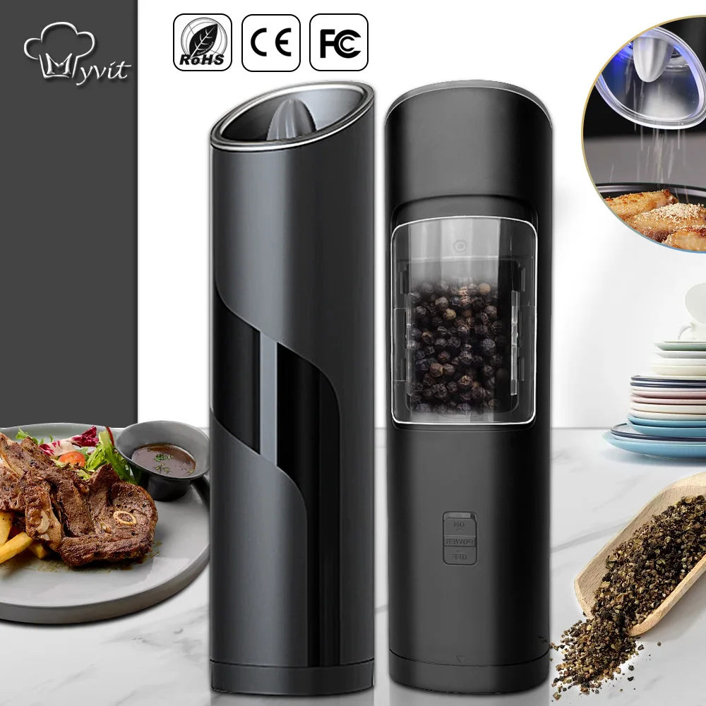 

Spice Mill Electric Gravity Salt Pepper Grinder Set Automatic Operation Salt Pepper Mills with LED Light Adjustable Coarseness