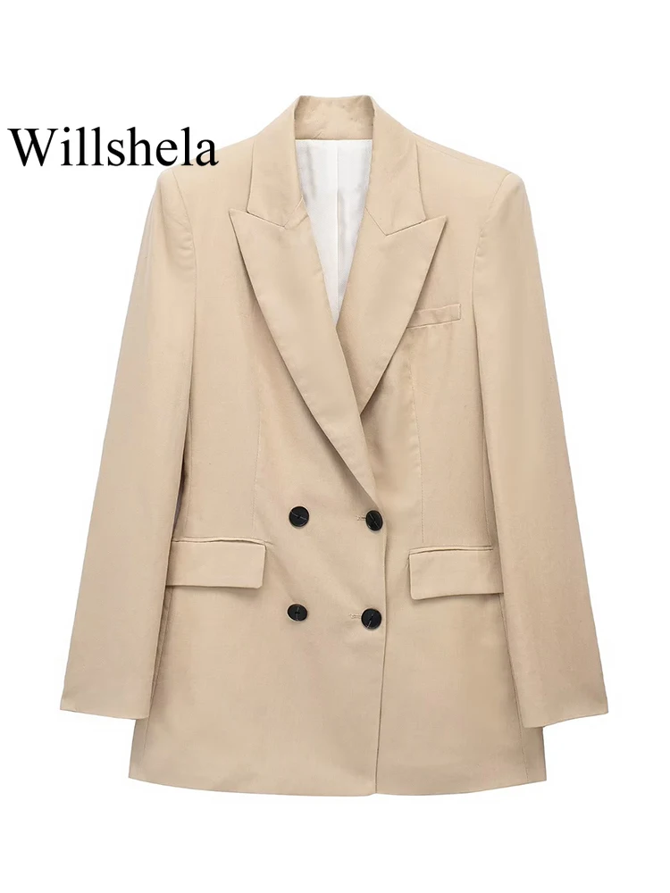 

Willshela Women Fashion With Pockets Khaki Double Breasted Blazer Vintage Notched Neck Long Sleeves Female Chic Lady Outfits