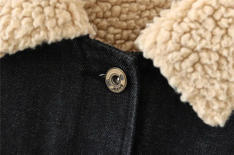 Denim Parkas Women's Winter Asymmetrical Pocket Grinding Lamb Wool Plus Velvet Cotton Coat Women Vintage Denim Short Jacket Coat