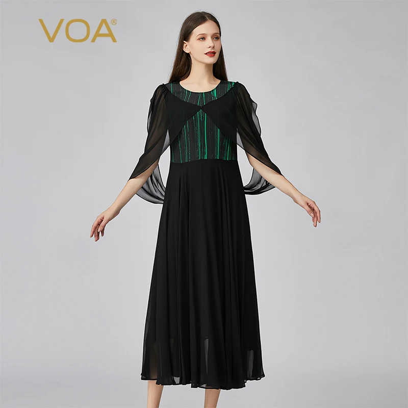 

VOA Elegant Princess Sleeves Loose Waist Silk Woman Dress Summer Green Stripe Printing Black Fashion Party Long Dresses AE1193