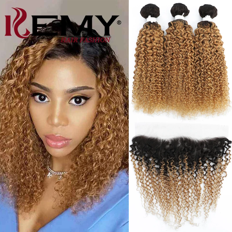 

Kinky Curly Human Hair Bundles With Frontal T1B/27 Ombre Brown Bundles With Closure Brazilian Remy Human Hair Weave Bundles 3PCS