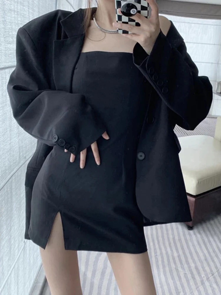 Sungtin 2022 Two Piece Women Sets Blazer Dress Suits OL Split Straps Bodycon Dresses Female Korean Oversize Elegant Jacket Coats | Женская