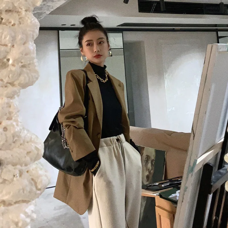 Retro Khaki Blazer Suit Women Solid Colors Single Breasted Casual Office Blazer 2021 New British Style Mid Length Commute Suit